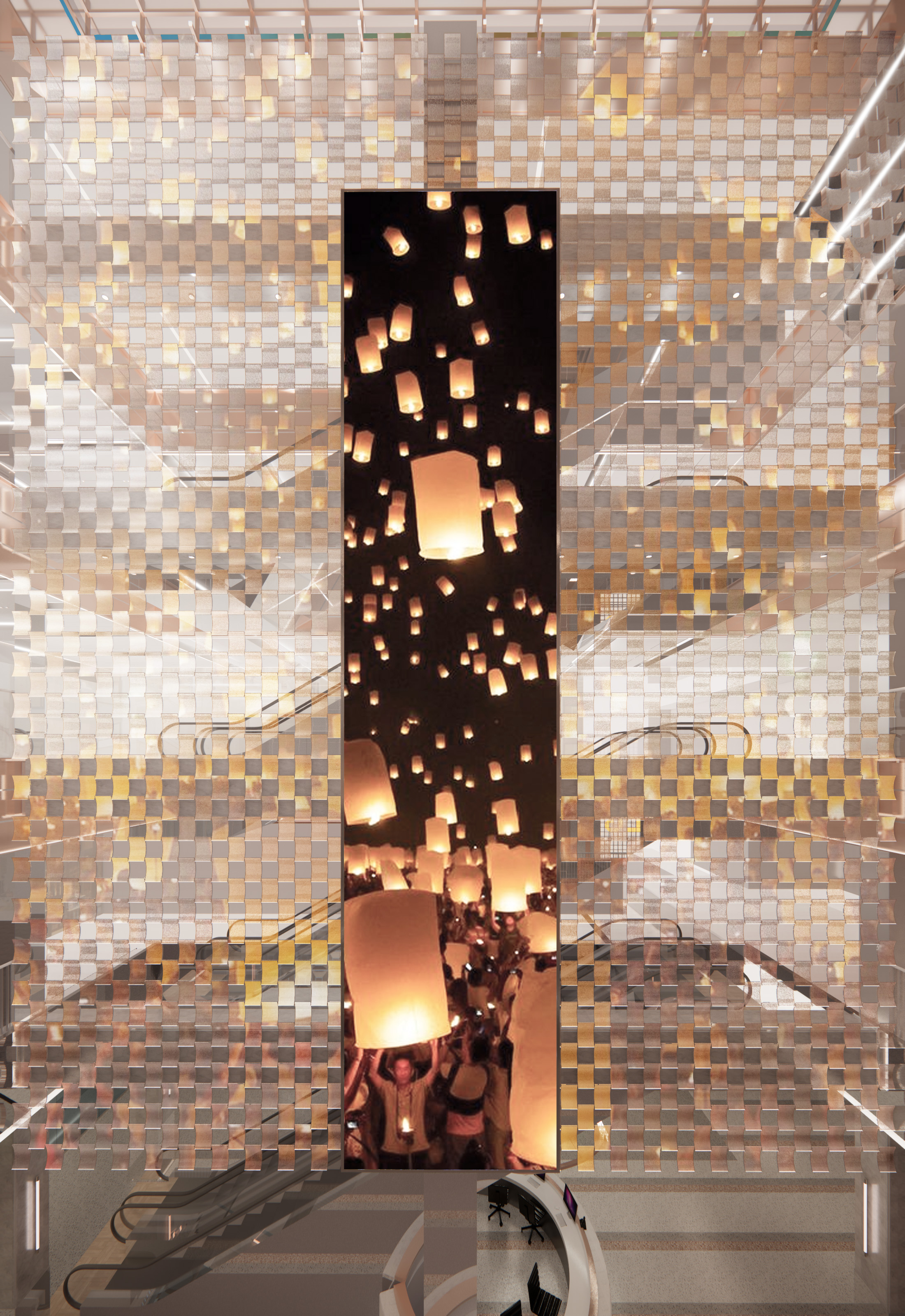 现代购物中心内，人们在明亮的走廊中行走，天花板装饰有圆环形灯光，商店包括Calvin Jeans和DISSONA。