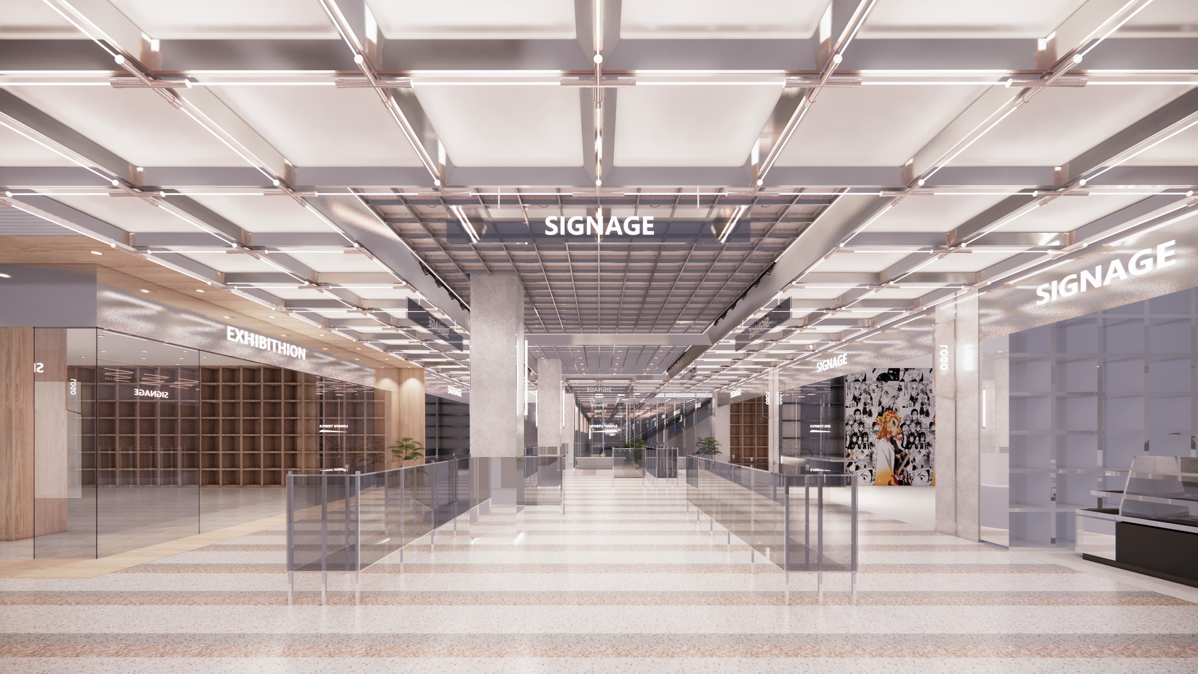 购物中心内现代圆形天花板，中央区域有三角形镜面装饰，周围环绕暖色灯光。