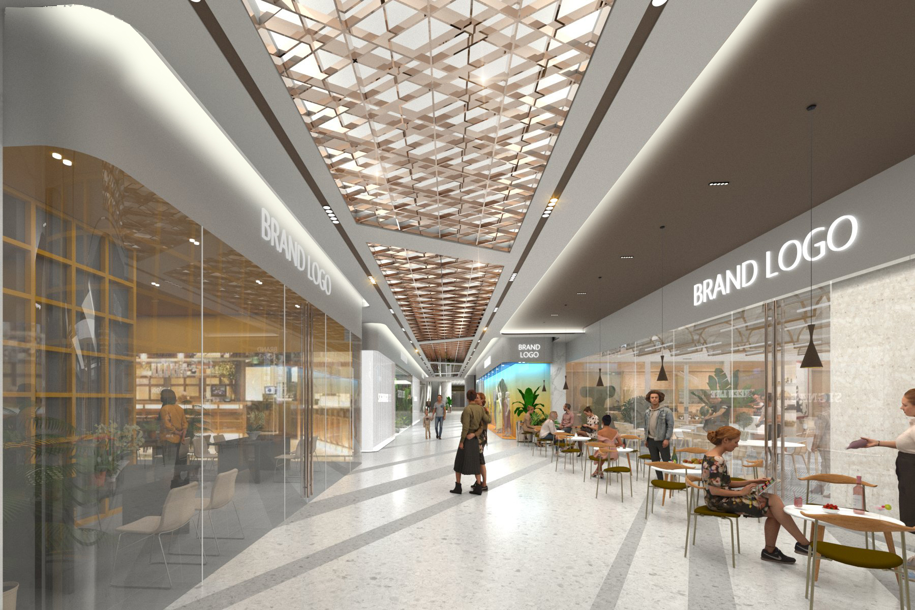 现代购物中心内部多层结构，透明玻璃天窗顶棚和扶梯连接各楼层。