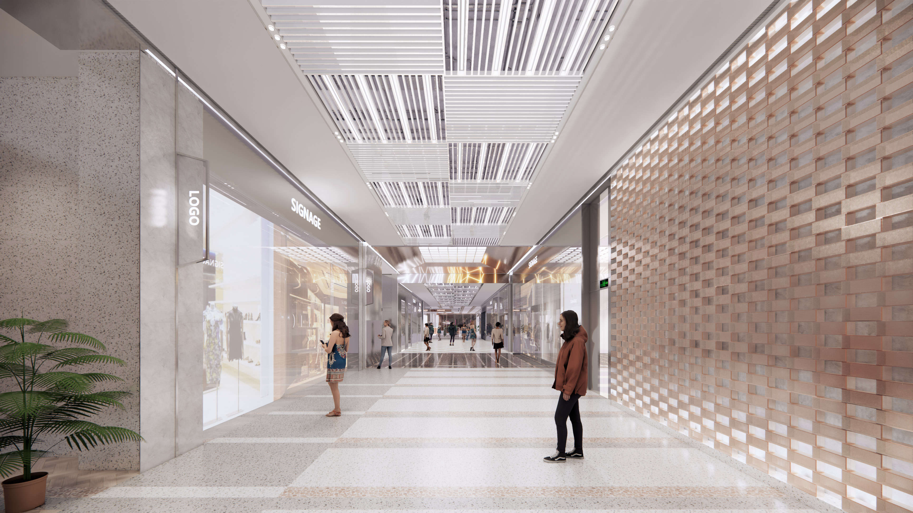 购物中心内现代圆形天花板，中央区域有三角形镜面装饰，周围环绕暖色灯光。