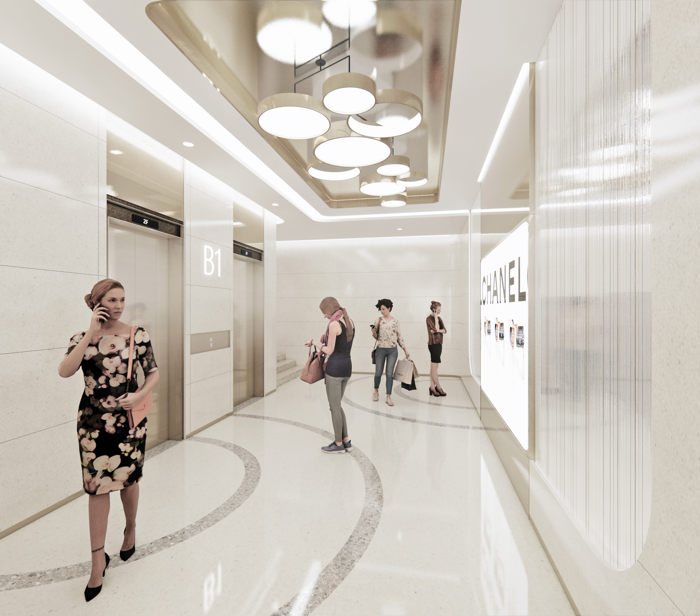 购物中心内现代圆形天花板，中央区域有三角形镜面装饰，周围环绕暖色灯光。