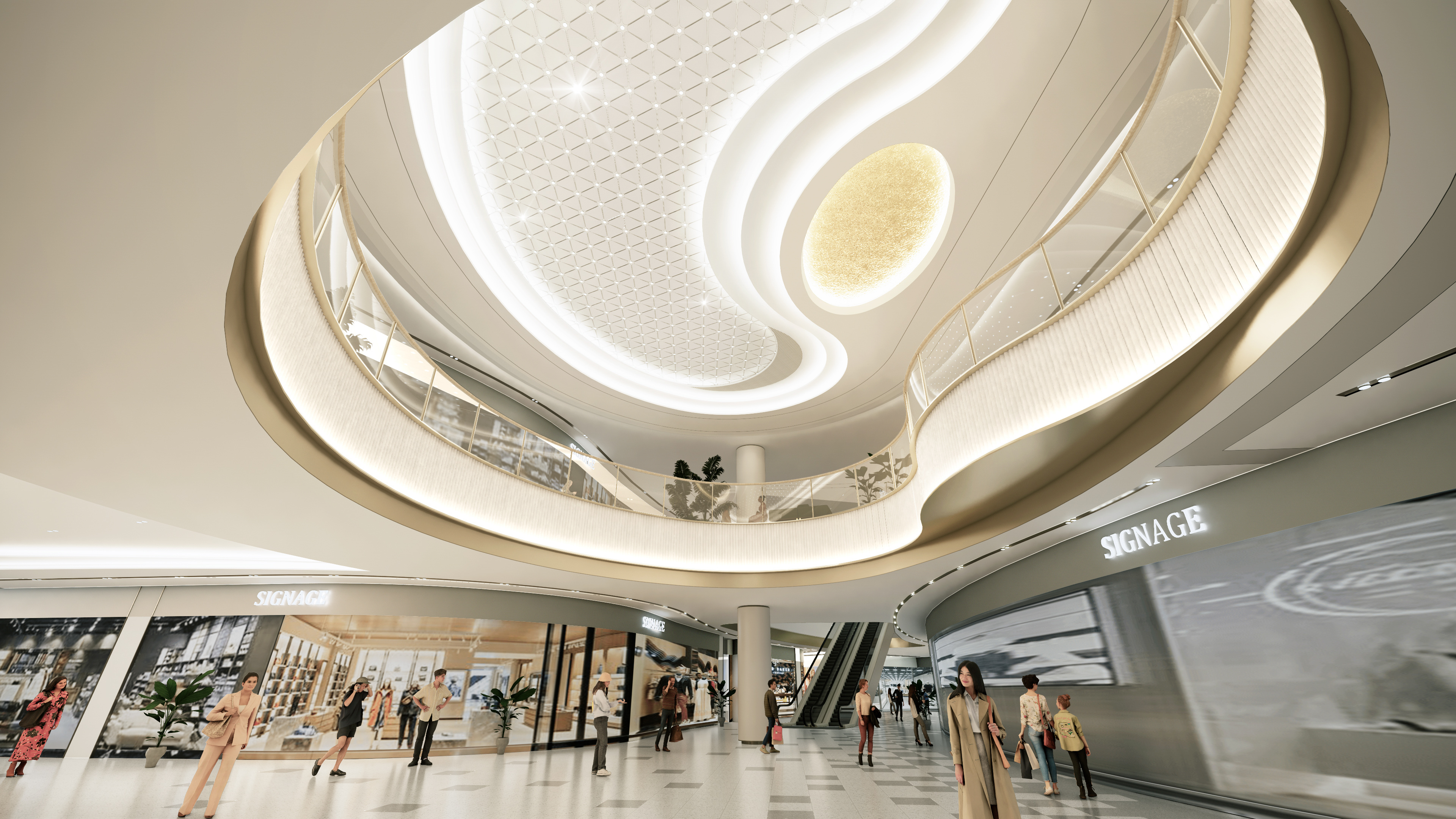 购物中心内现代圆形天花板，中央区域有三角形镜面装饰，周围环绕暖色灯光。