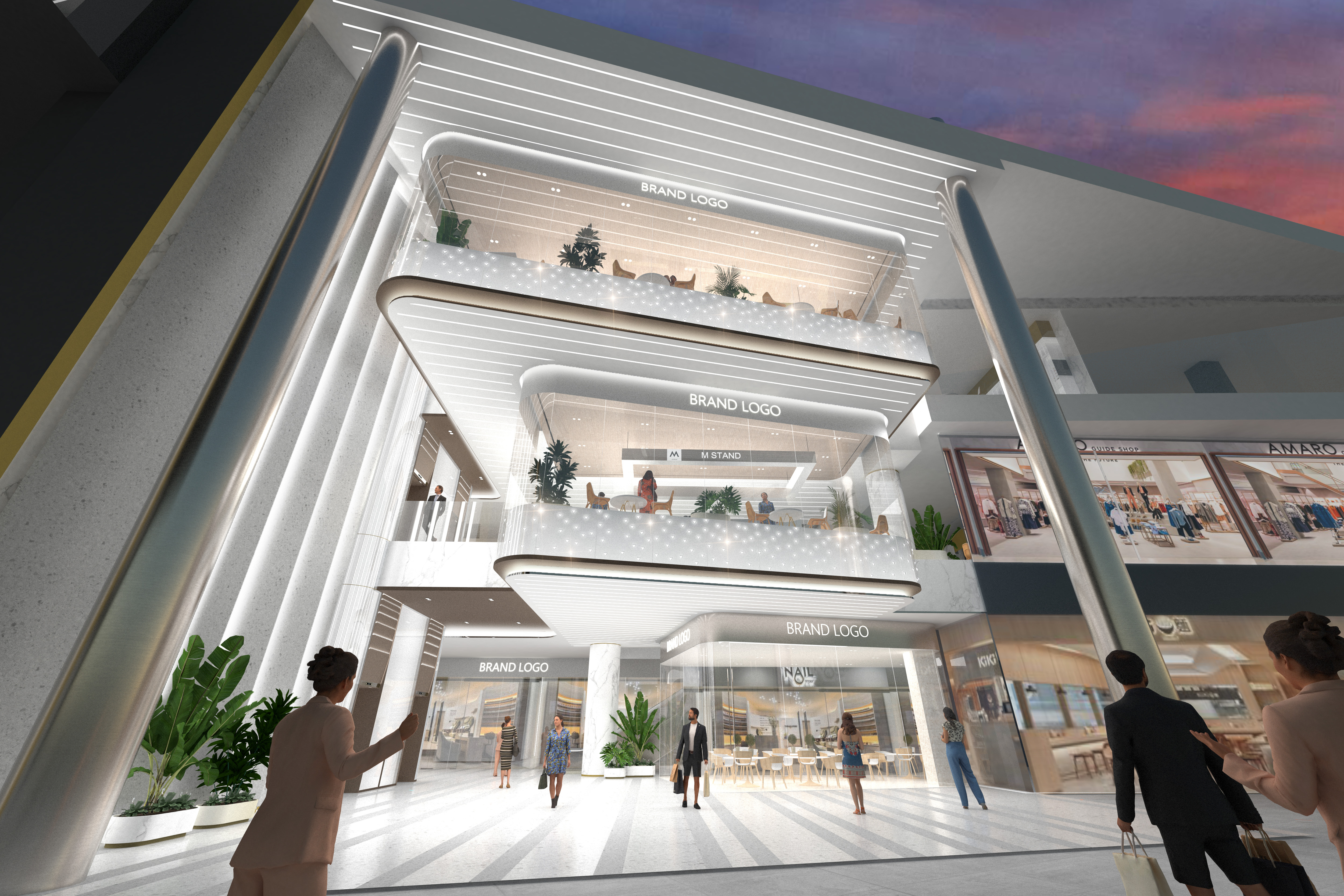 购物中心内现代圆形天花板，中央区域有三角形镜面装饰，周围环绕暖色灯光。