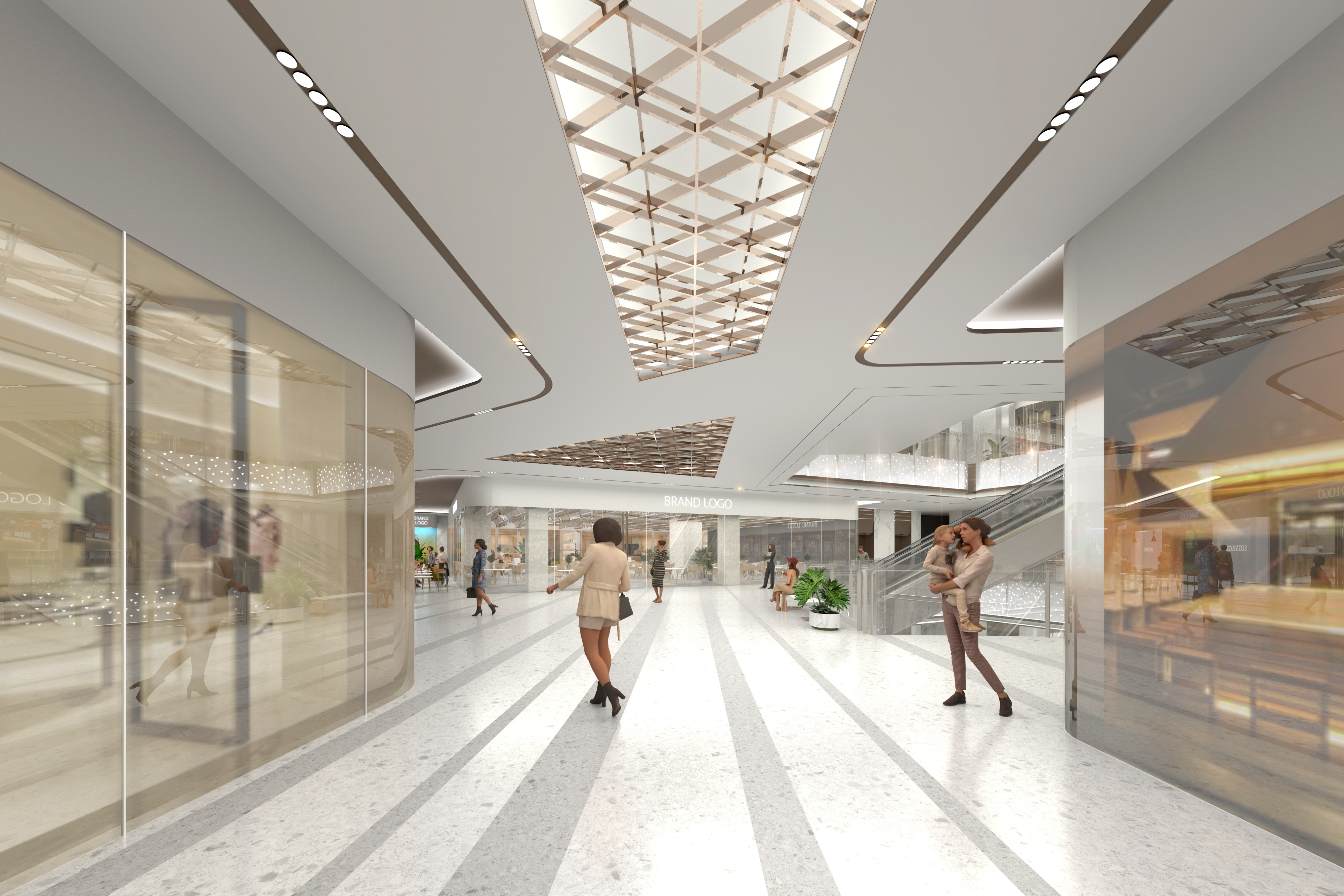 现代购物中心内，人们在明亮的走廊中行走，天花板装饰有圆环形灯光，商店包括Calvin Jeans和DISSONA。