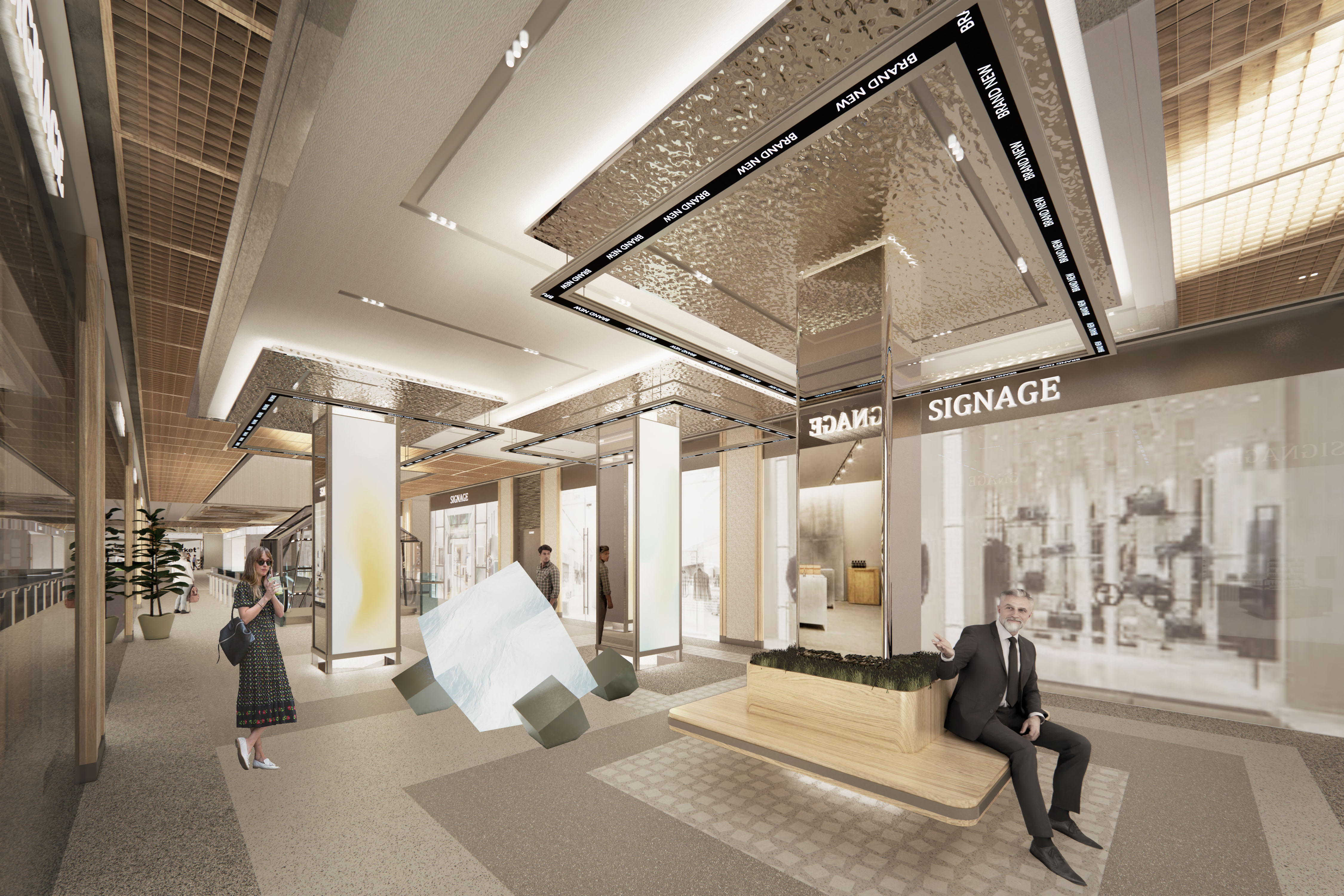 现代购物中心内部多层结构，透明玻璃天窗顶棚和扶梯连接各楼层。