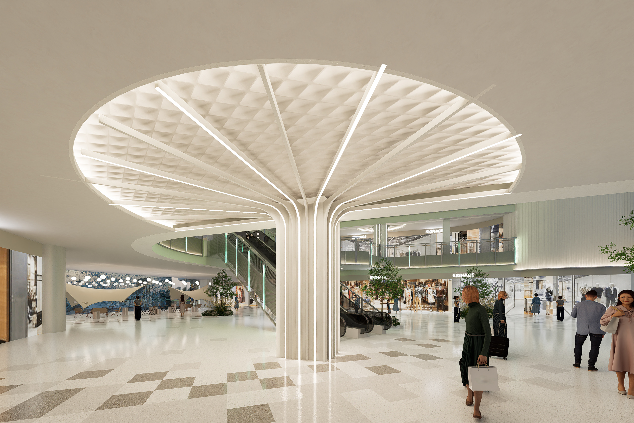 购物中心内现代圆形天花板，中央区域有三角形镜面装饰，周围环绕暖色灯光。