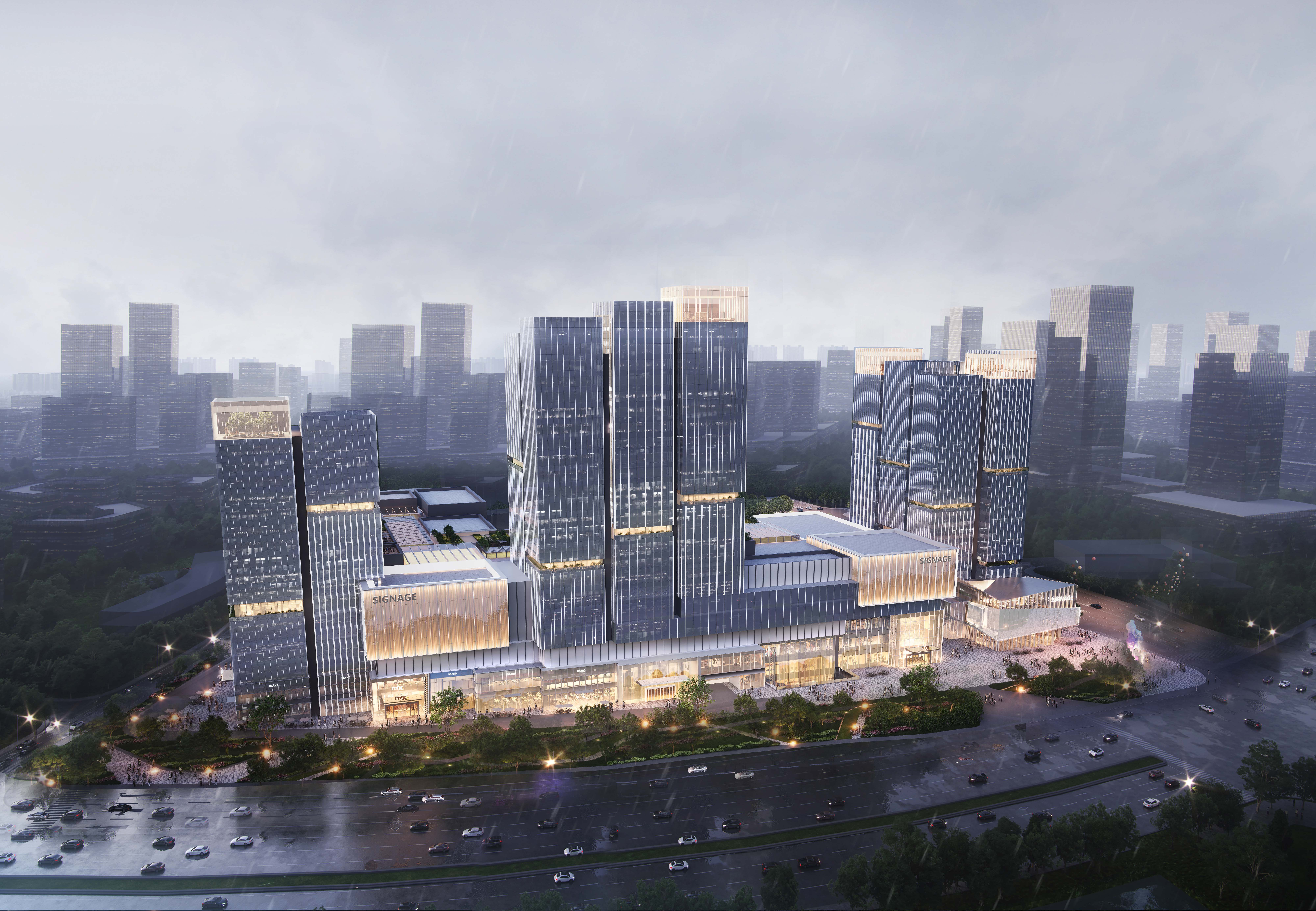 现代购物中心内部多层结构，透明玻璃天窗顶棚和扶梯连接各楼层。