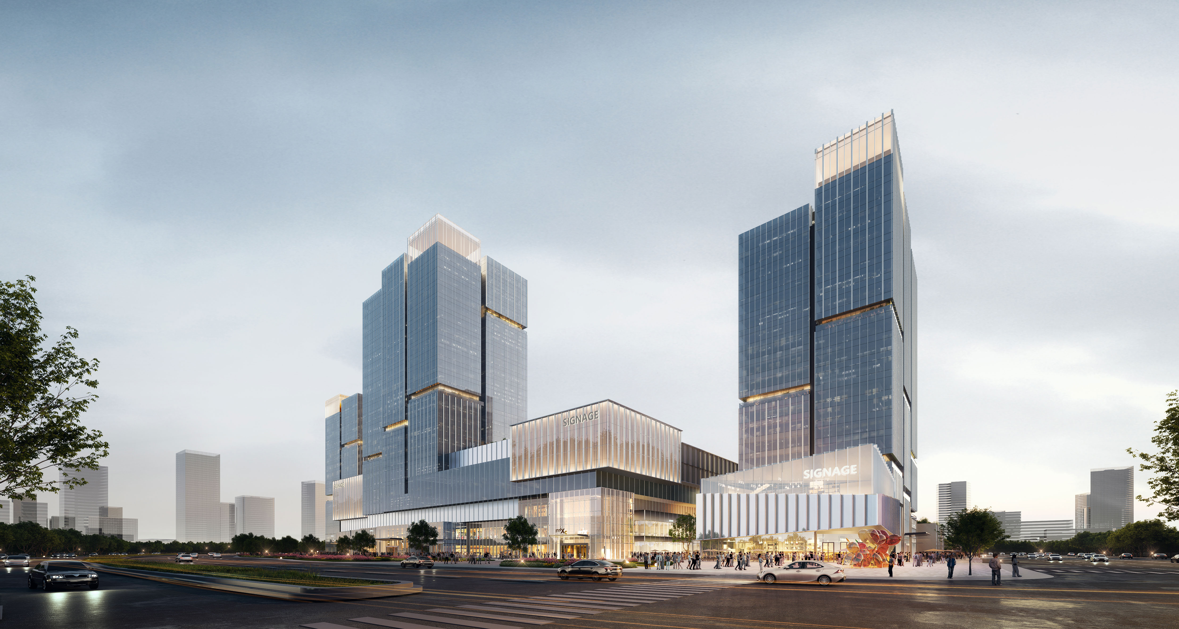 现代购物中心内部，中央有大型玻璃穹顶和多层环绕商铺，右侧有自动扶梯。