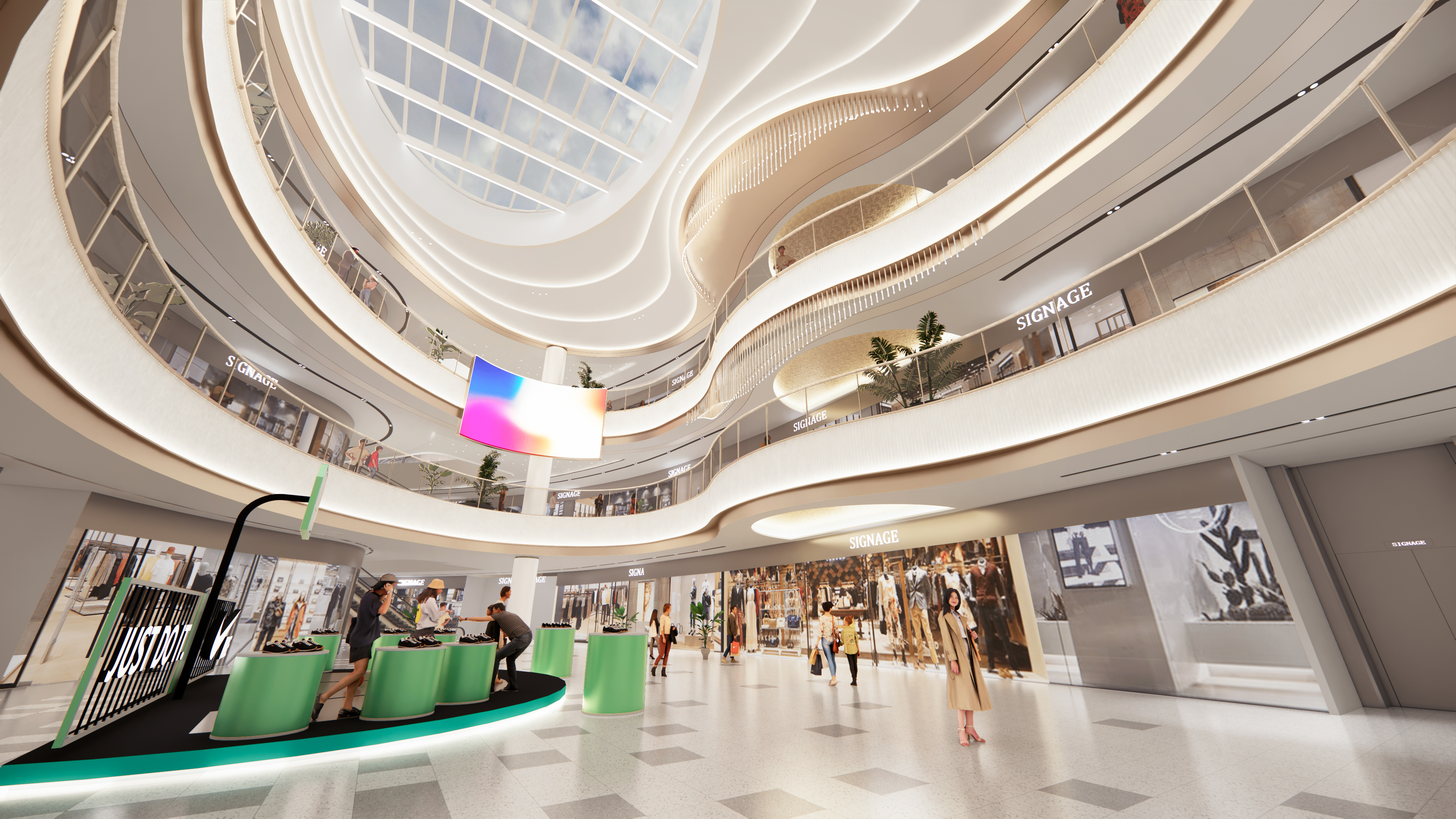 现代购物中心内部多层结构，透明玻璃天窗顶棚和扶梯连接各楼层。