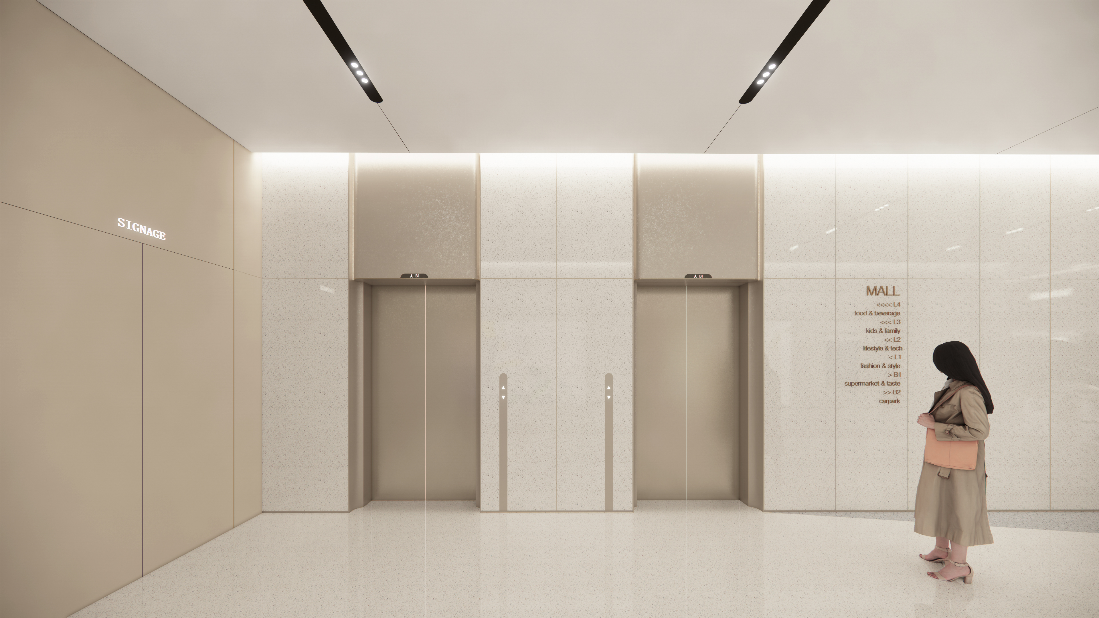 购物中心内现代圆形天花板，中央区域有三角形镜面装饰，周围环绕暖色灯光。