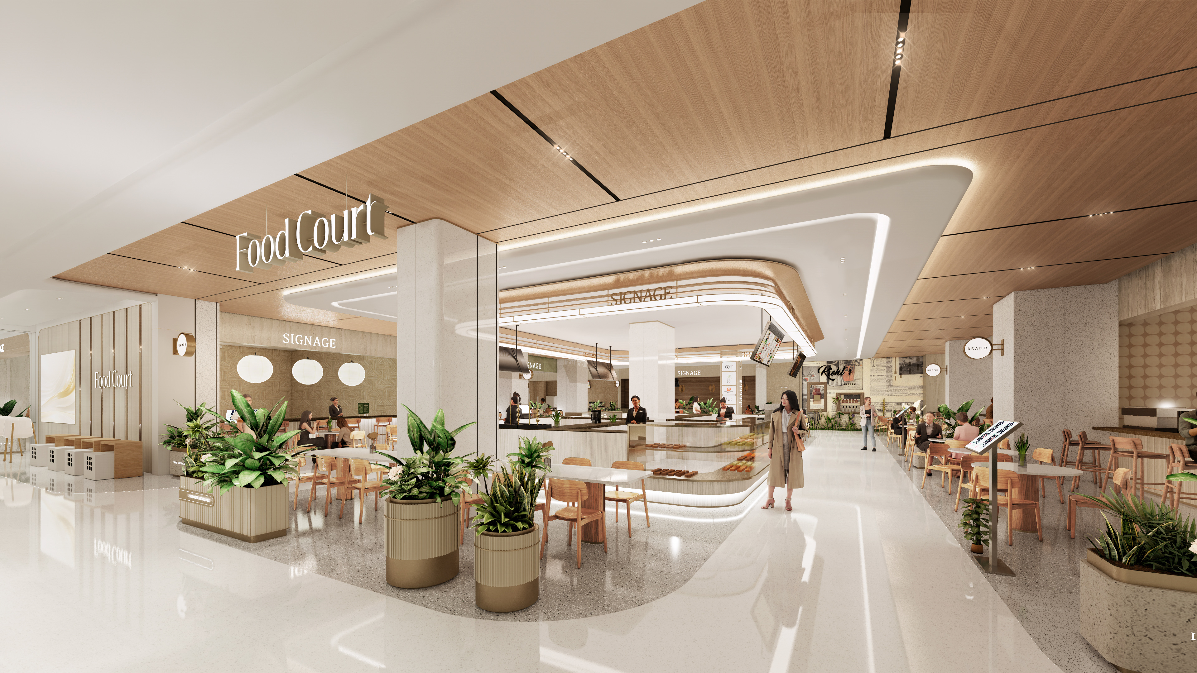 现代购物中心内部多层结构，透明玻璃天窗顶棚和扶梯连接各楼层。